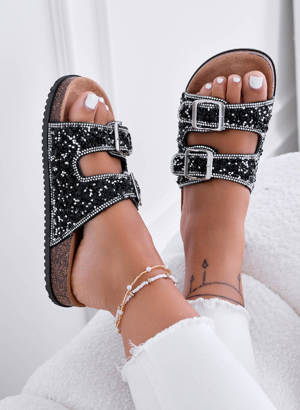 BROOKE - Black jeweled sandals with buckles and rhinestones