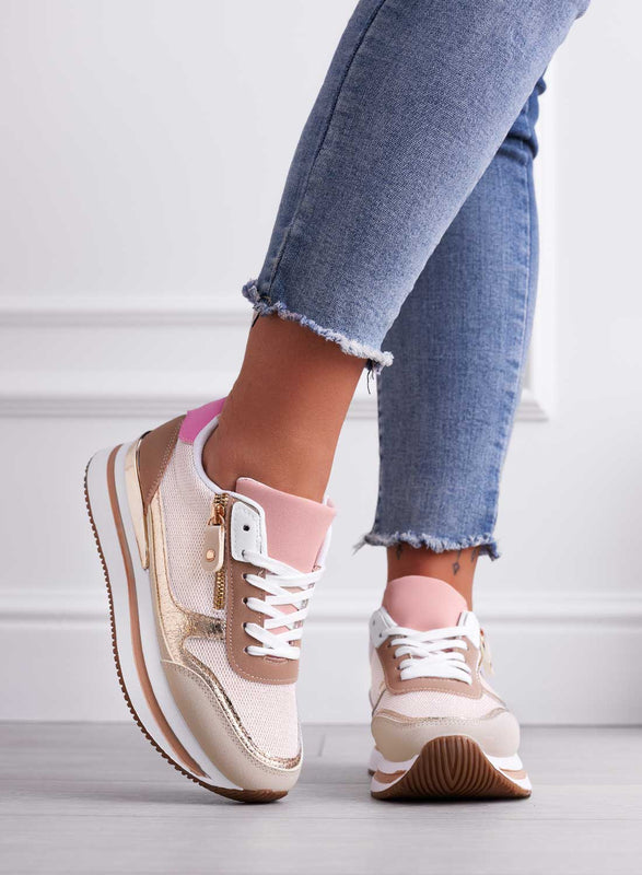 JOYCE - Beige sneakers with contrasting panels and side zip