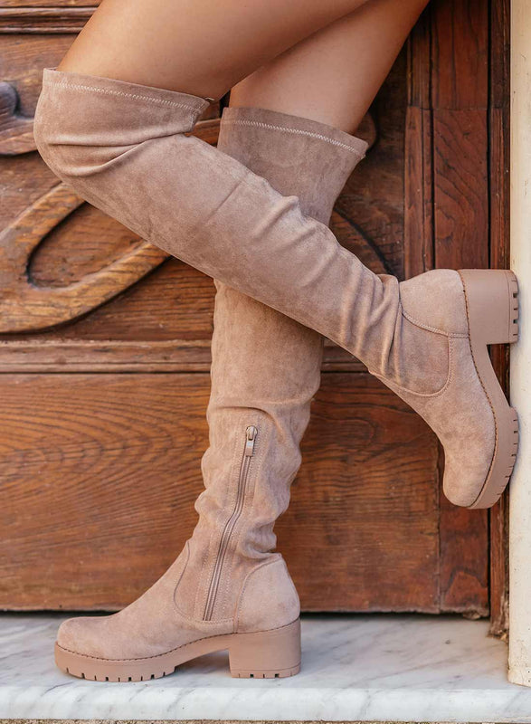 GLORIA - Beige suede boots over the knee