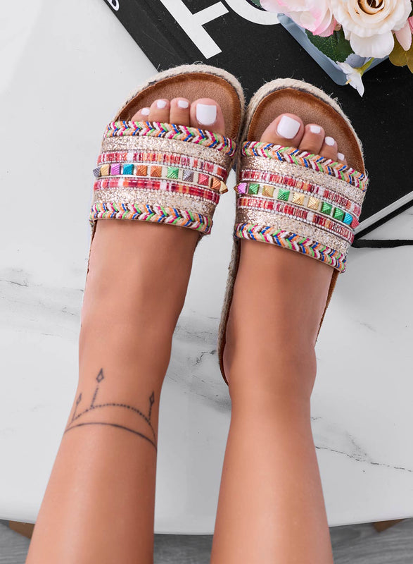 LIARS - Beige slipper sandals with wedge and multicolor studs