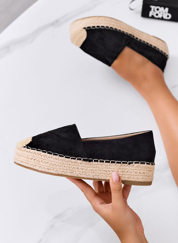FIAMMA - Black platform espadrilles with crochet toe and rope sole