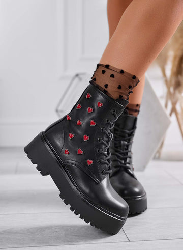 ODESSA - Black combat ankle boots by Alexoo with red heart appliqués