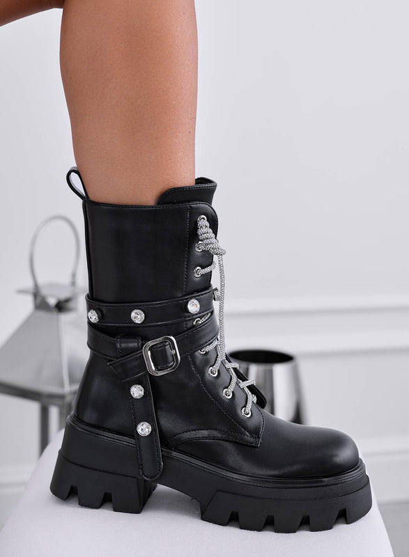 JOLE - Black biker ankle boots with rhinestone laces