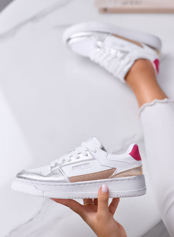 DOROTEA - White Sneakers with Silver and Gold Metallic Details