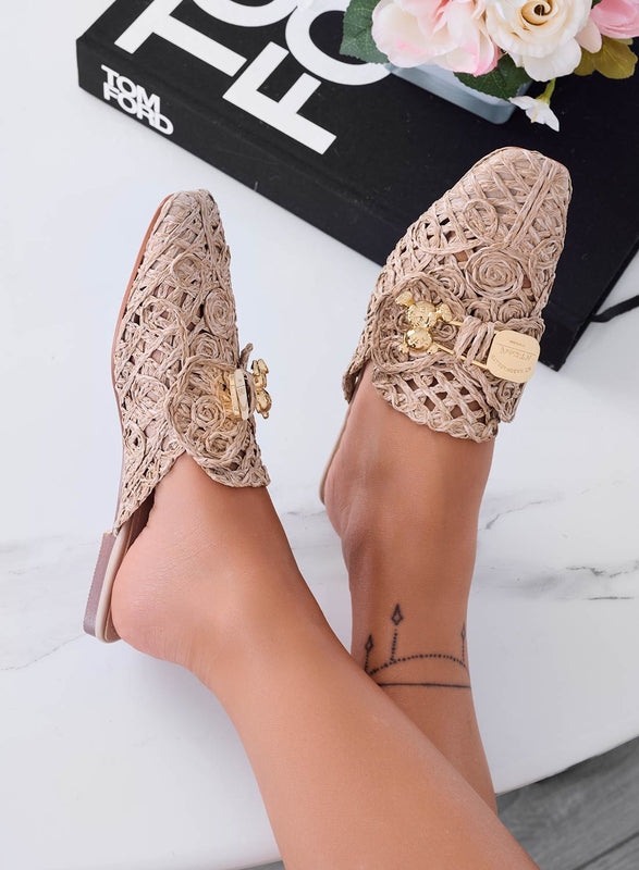 FIESTA - Mud espadrilles clogs embroidered with gold teddy