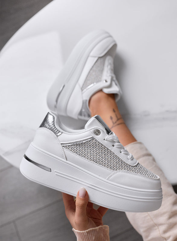 SONIA - White sneakers with fabric inserts and silver details