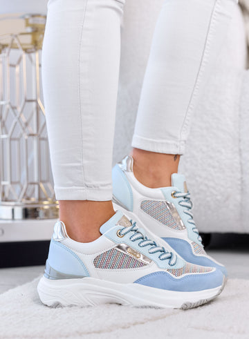 FELICIA - Blue Sneakers with Woven Fabric Inserts and Chunky Sole