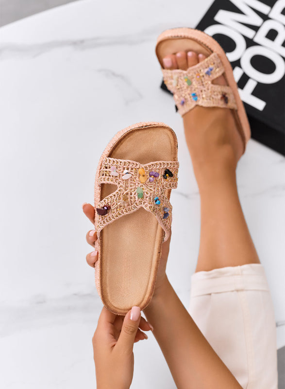 FEDERICA - Pink platform crochet sandals with colorful stones