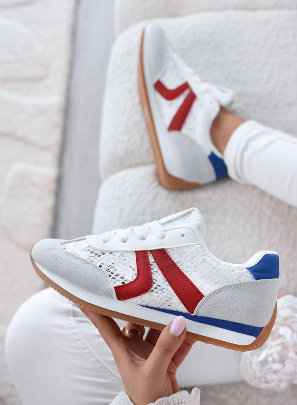 GIULIANA - Sneakers grigie con pizzo bianco e inserti rossi