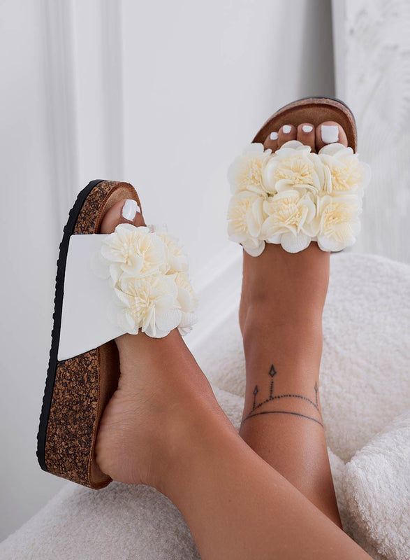 GLASS - White Cork Wedge Sandals with Flowers