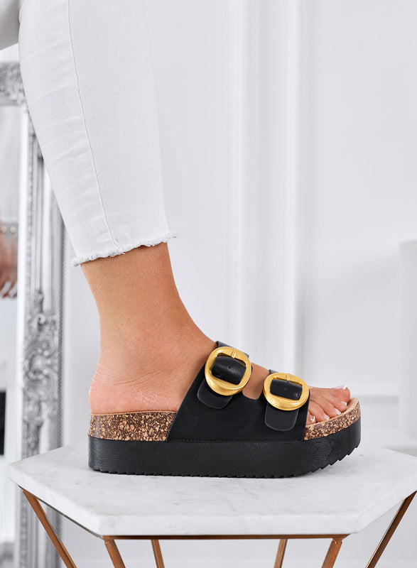 SOFIA – Black platform slide sandals with double gold buckle