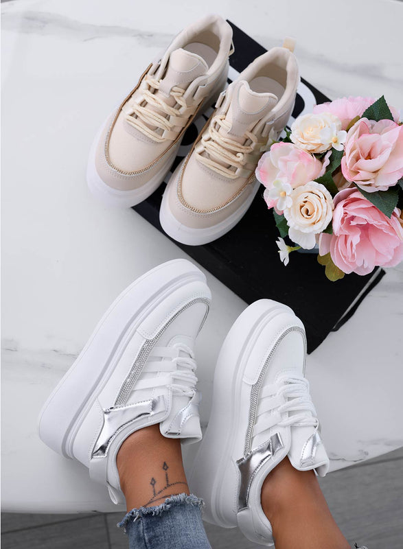 SUSAN - White sneakers with silver rhinestone band