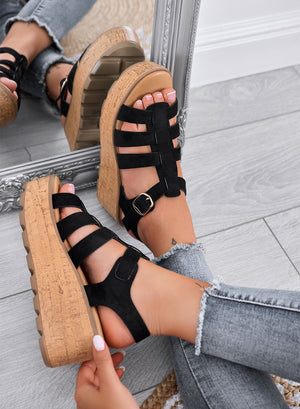 MATILDE – Black wedge platform sandals with cork-effect sole
