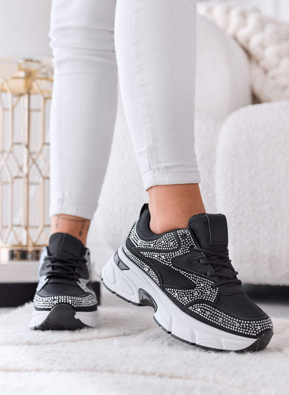 MARTINA - Baskets noires avec strass argentés et semelle plateforme épaisse