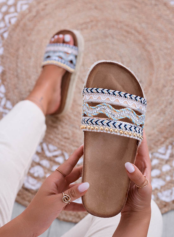 LUCIS - Blue wedge slide sandals with embroidery