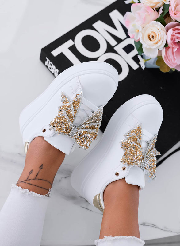 CRYSTAL - White wedge sneakers with gold jewel bow