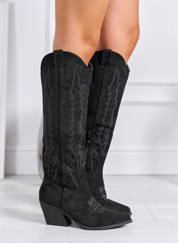 FIORELLA - Black Texan boots with western stitching and wide heel