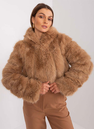 Short faux fur jacket with long-hair hood in camel