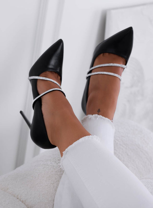 ORIELLA - Black high heel pumps with rhinestone bands