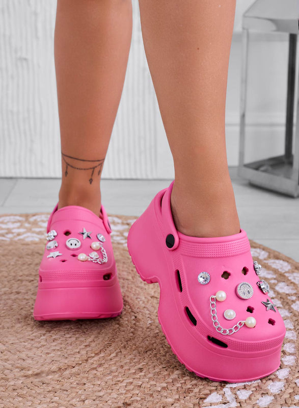 MINNA - Jewel platform clogs in fuchsia rubber