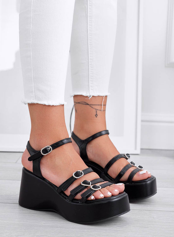 MORGAN - Black sandals with wedge and rhinestone buckles