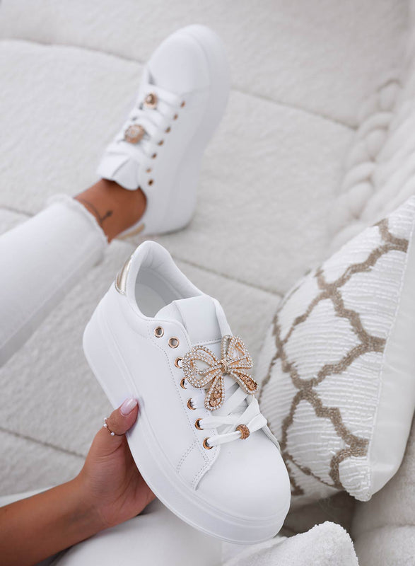 PAOLA - White sneakers with gold jewel bow