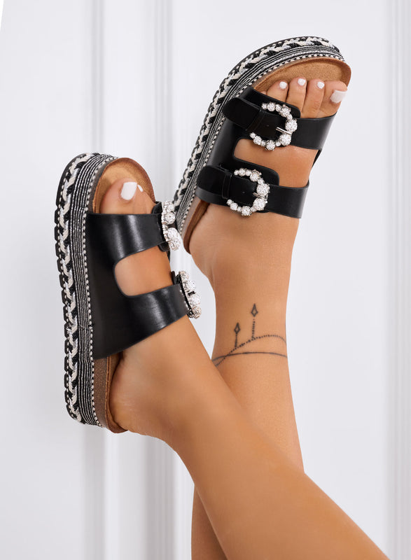 ARIEL - Sandales noirs à plateforme avec boucles bijoux et semelle brodée