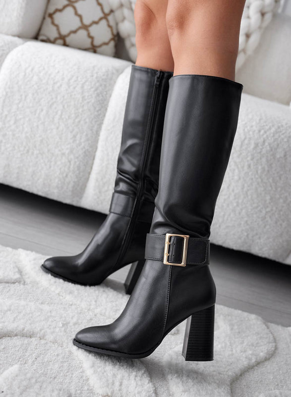 CORE - Black mid-calf boots with heel and buckle