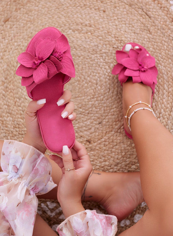 MELODY - Fuchsia slipper sandals with applied flower