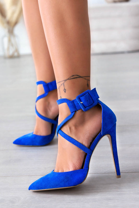 NAILA - Light blue suede pumps with buckle and high heels