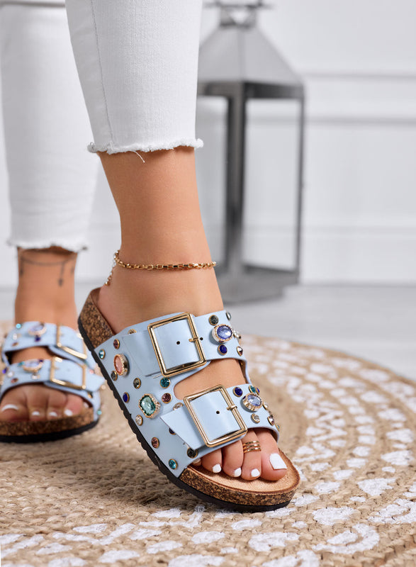 HELENA – Blue Slide Sandals with Colorful Stones and Oversized Gold Buckles