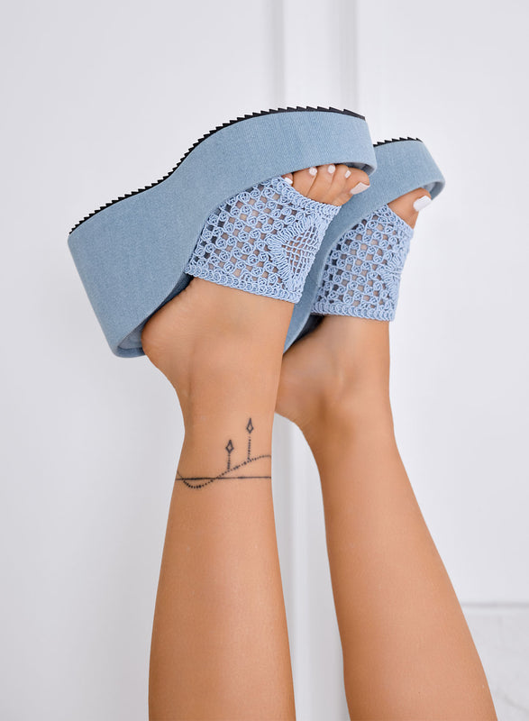 COOPER - Sandales bleus en tissu crochet avec semelle compensée