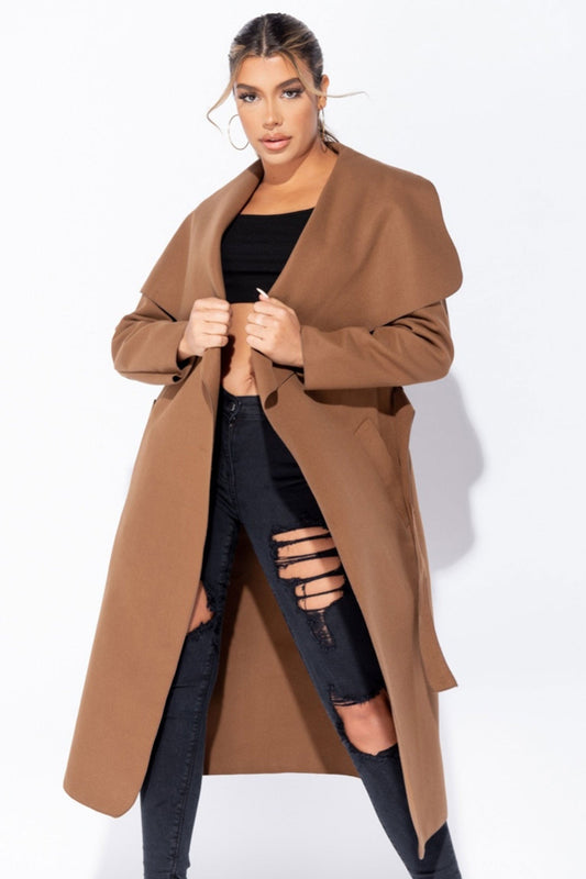 Camel long coat with waist drawstring