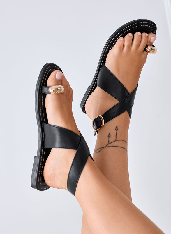 MELISSA - Black Flip-Flop Sandals with Crossed Straps and Gold Detail