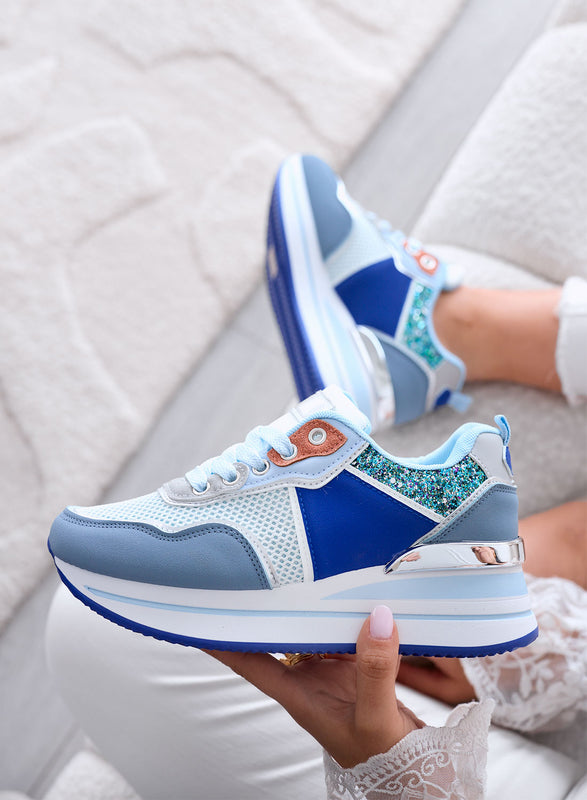 VALDA - Zapatillas azules con suela gruesa e inserciones de glitter