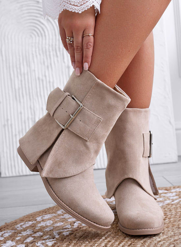 GRAZIELLA - Beige suede ankle boots with buckle