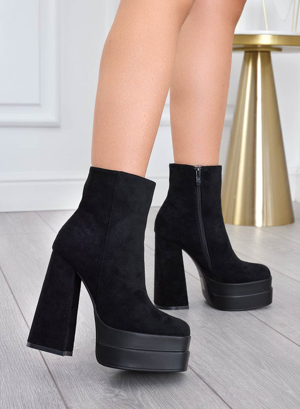 JULY - Black suede ankle boots with high heel and platform