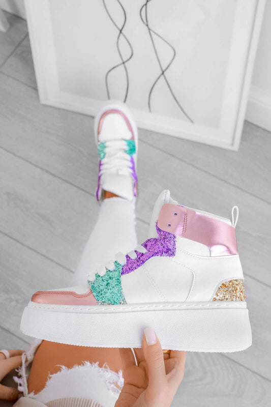 ROSINA - White sneakers with multicolor glitter inserts