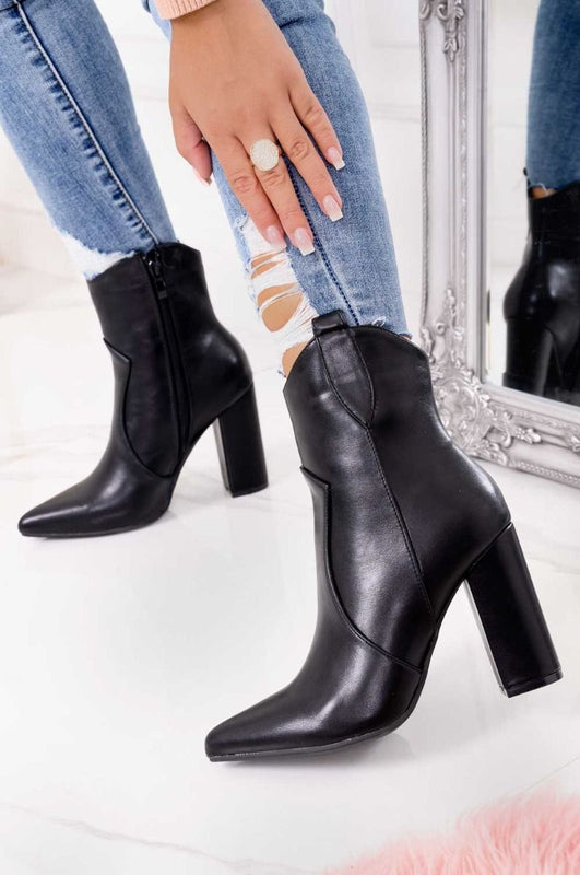 AGNESE -  Black faux leather cowboy ankle boots with heels