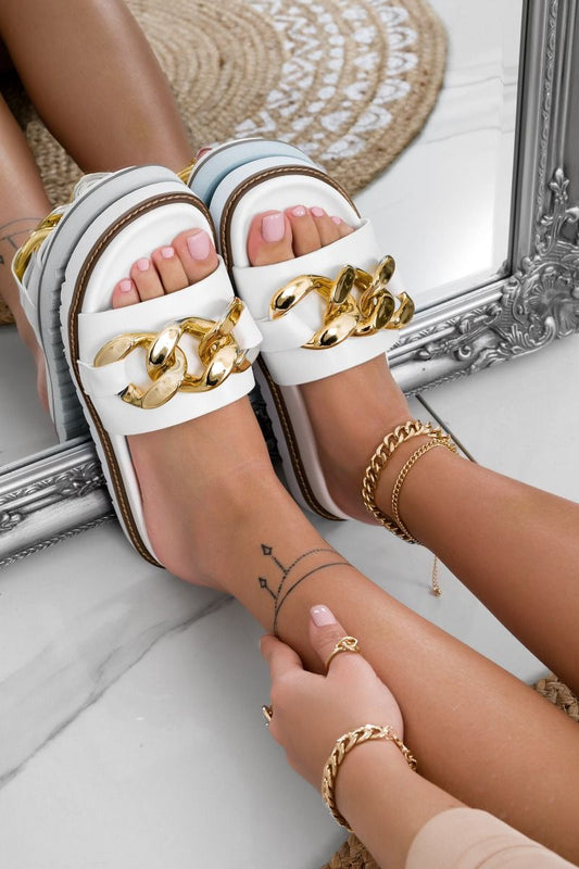 ANASTASIA - White slipper sandals with golden chain