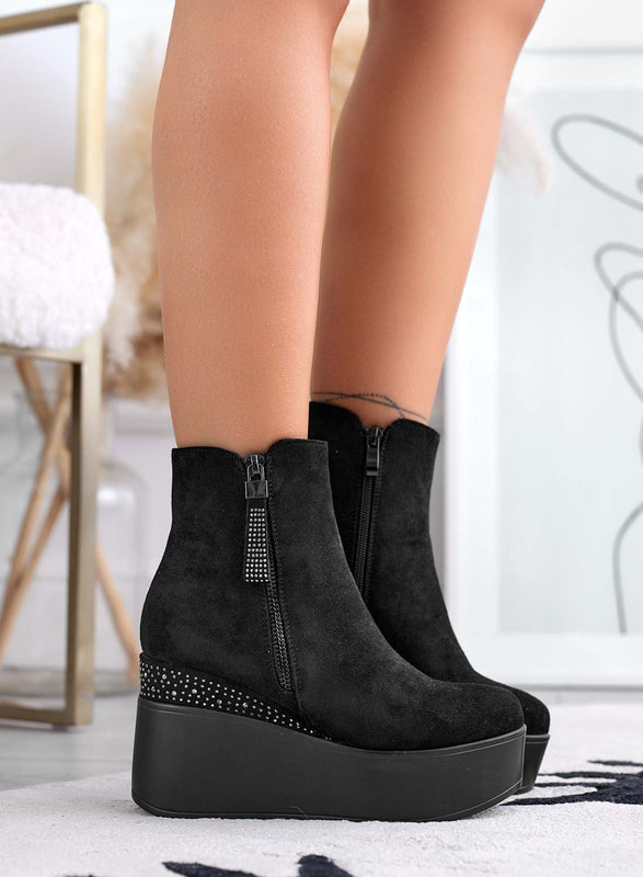 MARGHERITA -  Black ankle boots with wedge and rhinestones