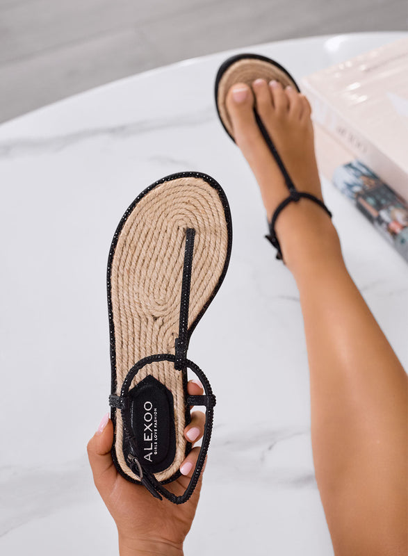 MONTY - Alexoo flat black thong sandals with rope footbed