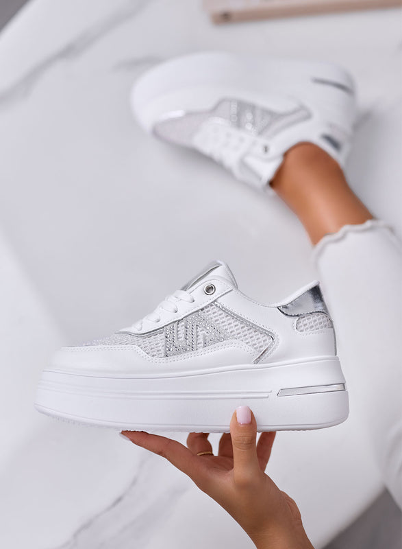 TULLIA - Sneakers Bianche Platform con Rete e Strass