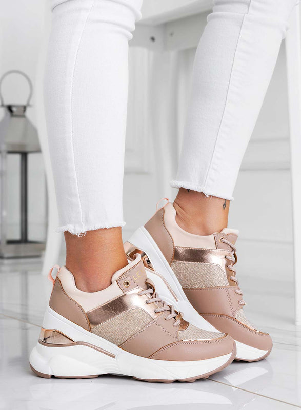 FREYA - Alexoo rose gold sneakers with glitter inserts