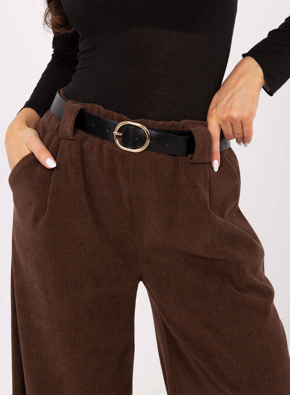 Wide-Leg Brown Trousers in Structured Fabric with Belt