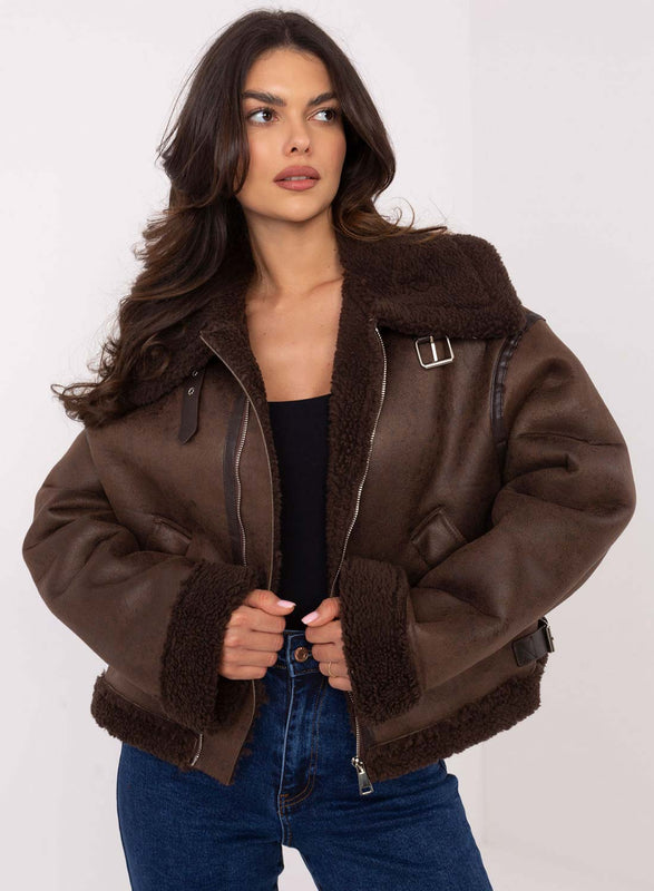 Brown shearling jacket with faux fur