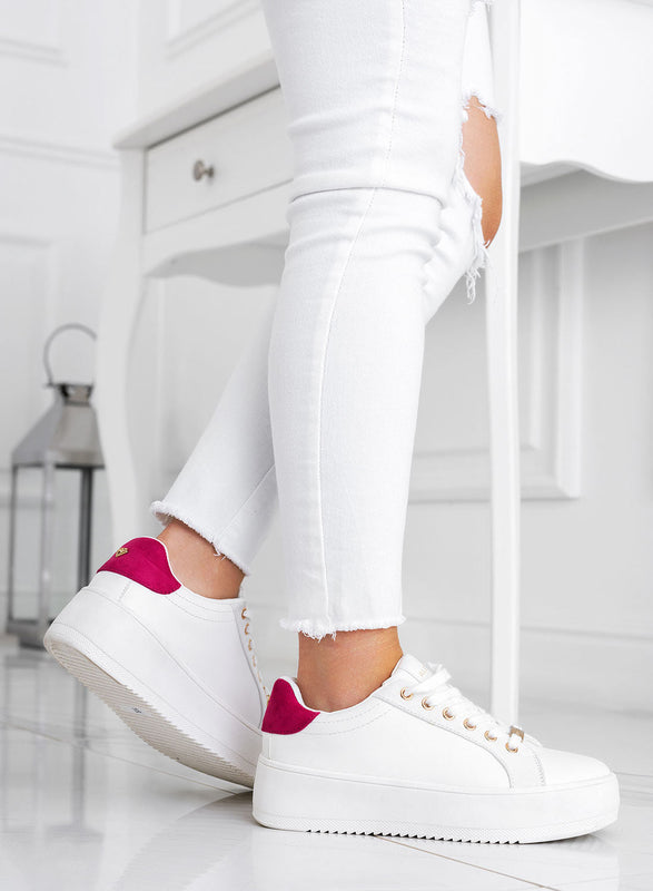 CARRY - Alexoo White Sneakers with gold trim and fuchsia back