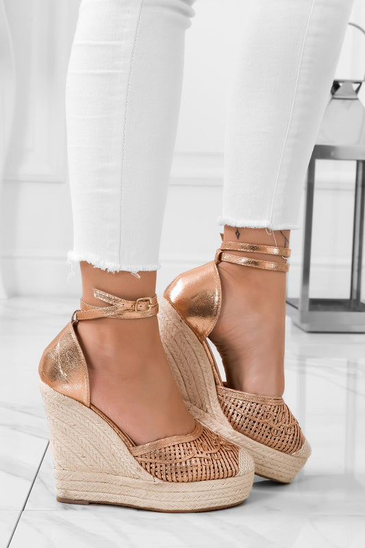 LORNA - Rose gold embroidered espadrilles with wedge