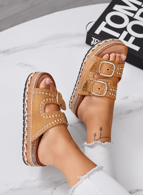 BILBAO - Camel sandals Platform slides with studs and double buckle