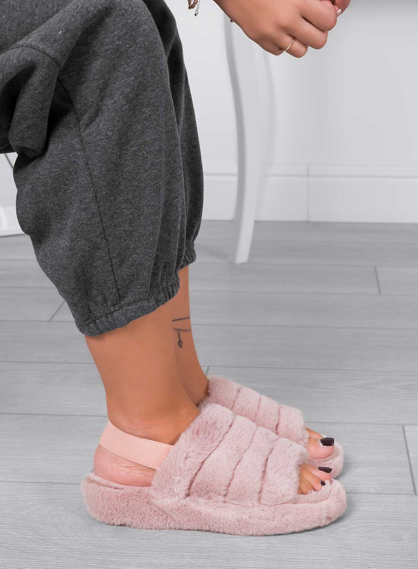 KEIRA - Chaussons roses en fausse fourrure avec élastique